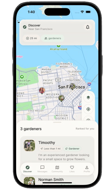 Discover map near San Francisco with gardener pins on the map