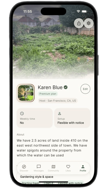 Verified host profile with garden stats, badges, and property imagery