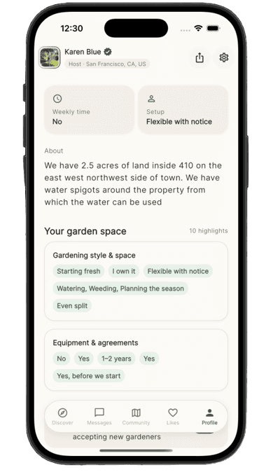 Karen Blue host profile with garden space details and agreements