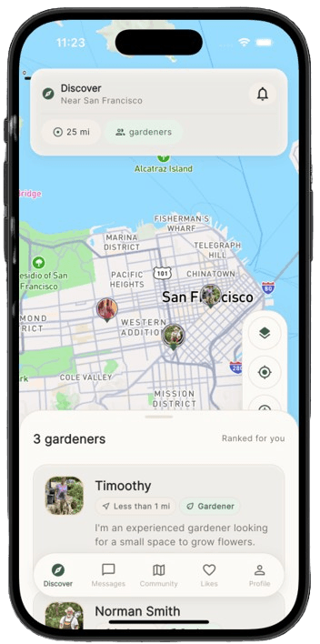 Active map with garden markers, search filters, and nearby gardener pins